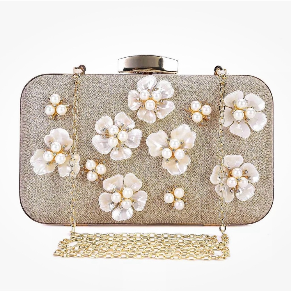 NWT Natasha Glitter Floral Rhinestone Beaded Handbag with Gold Chain